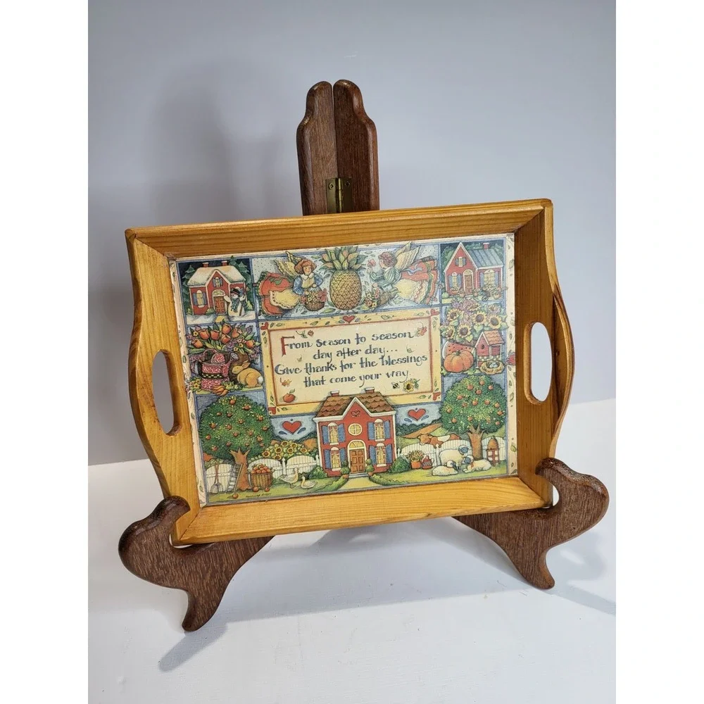 Wooden Folk Art Serving Tray Seasonal Blessings Quote Angels Farmhouse Decor